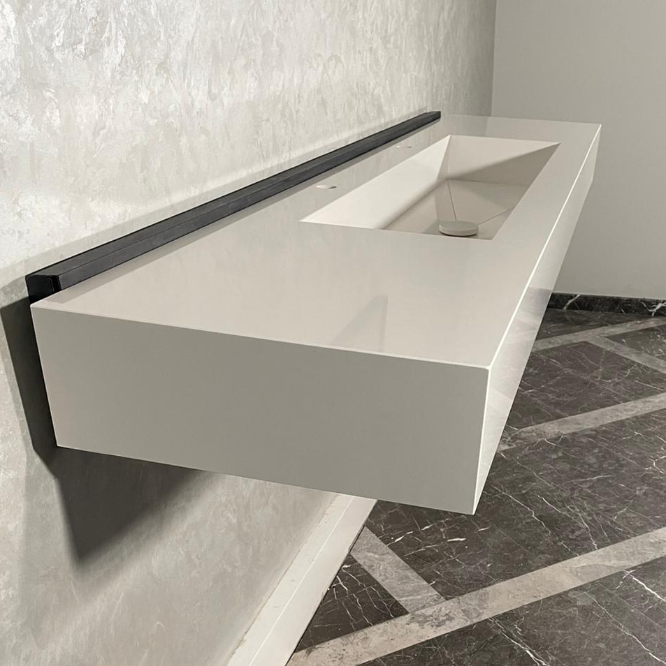 Custom White Quartz Large Bathroom Trough Sink: Wall Mount Vanity (QU-95)
