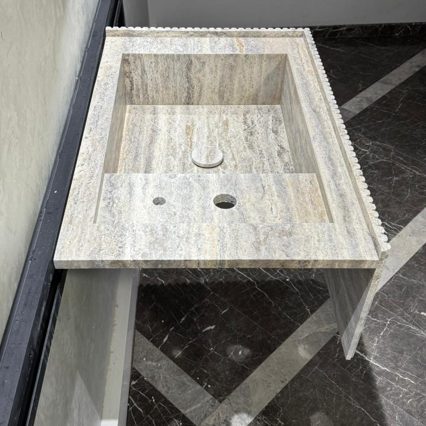 Handmade Silver Vein Cut Travertine Sink | Natural Stone Bathroom Basin | Luxury Custom (TR-077)