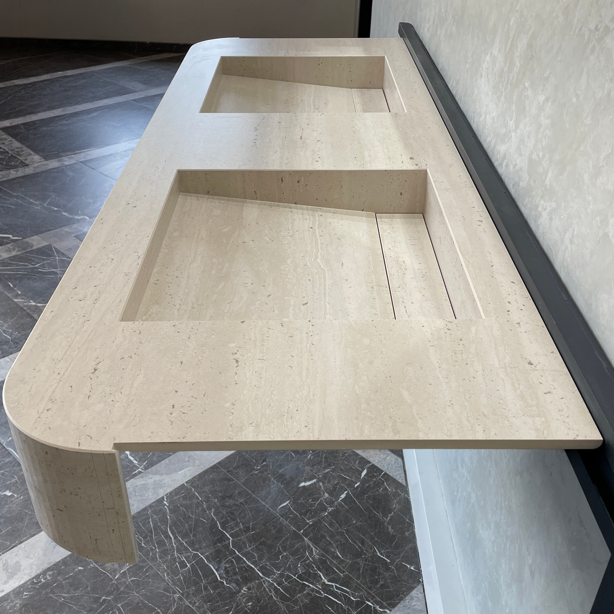 Handcrafted Travertine Look Porcelain Double Sink: Custom Vanity Top (ES-100)