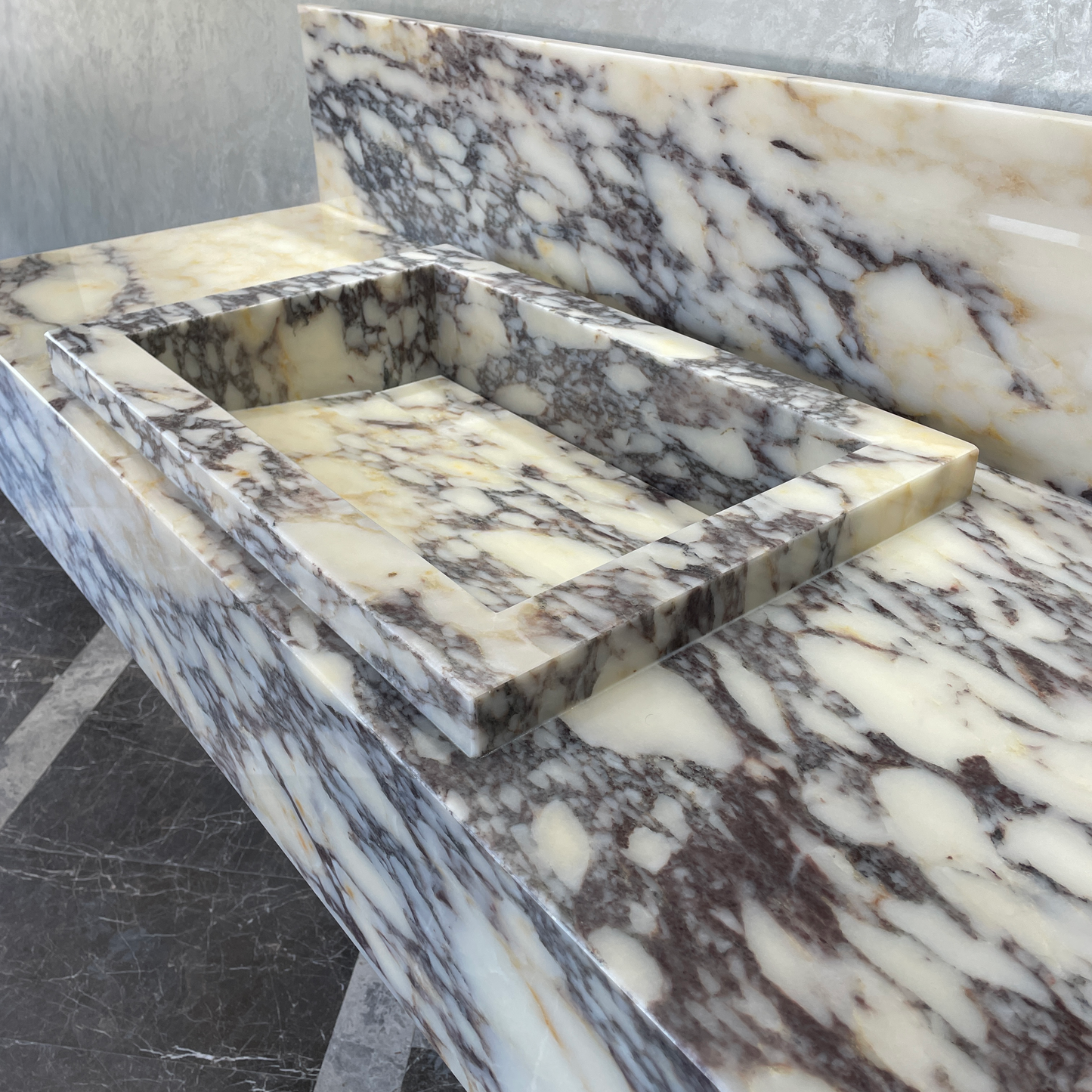 Handcrafted Calacatta Viola Marble Sink With Backsplash: Custom Bathroom Vanity (NS-129)