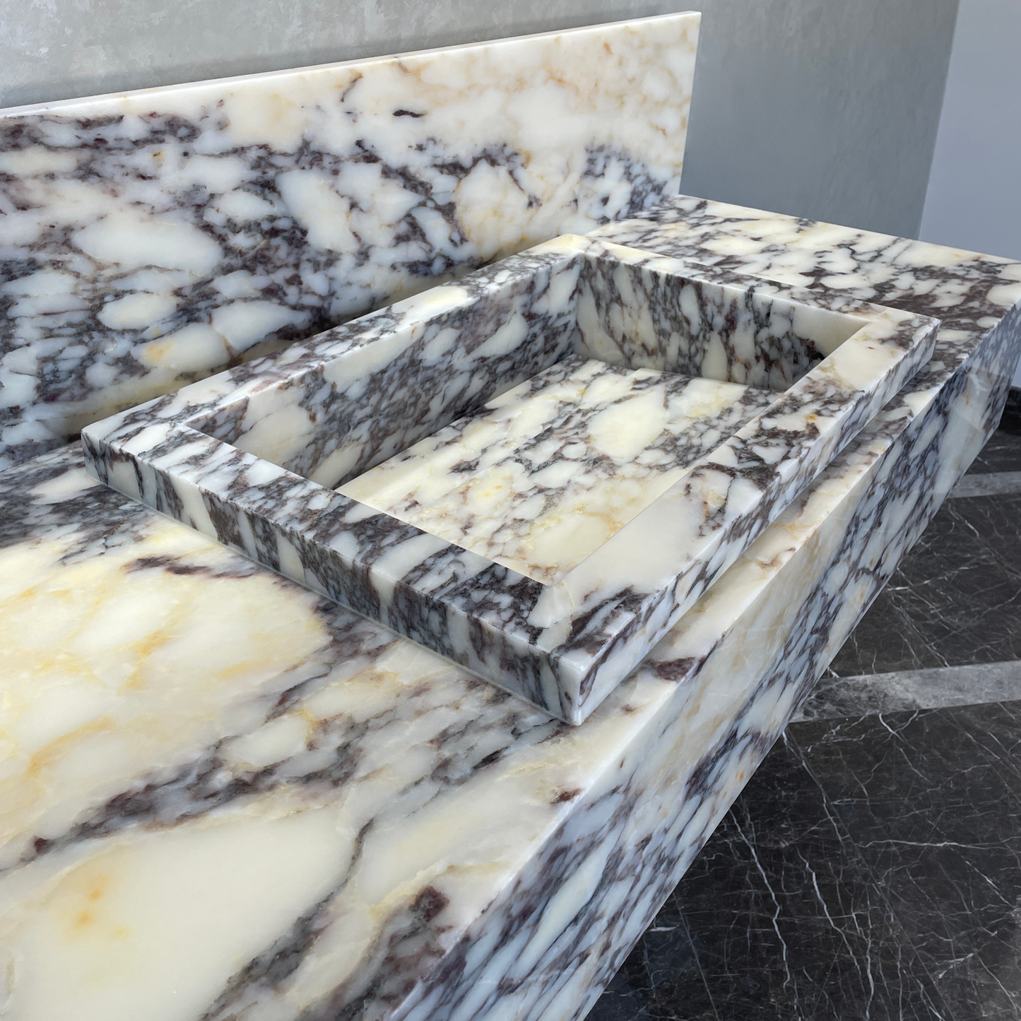 Handcrafted Calacatta Viola Marble Sink With Backsplash: Custom Bathroom Vanity (NS-129)