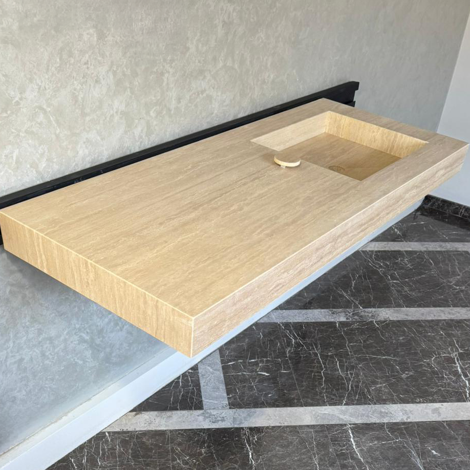 Handmade Vein Cut Travertine Sink: Custom Beige Bathroom Vanity (TR-087)