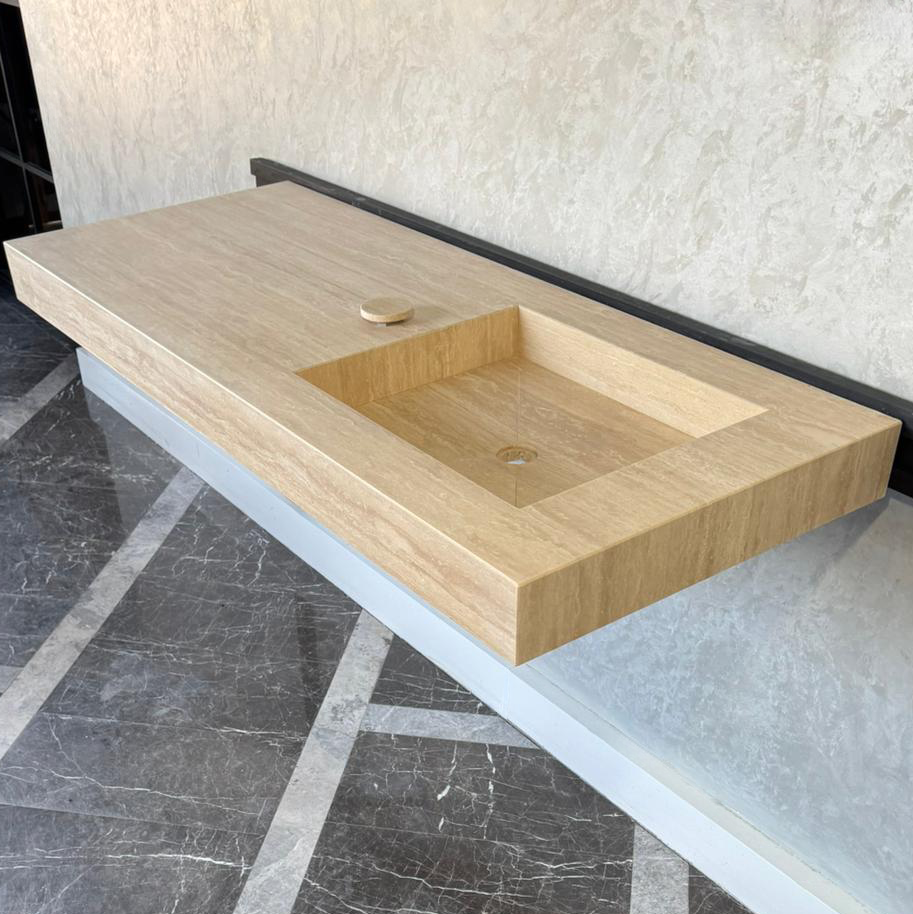 Handmade Vein Cut Travertine Sink: Custom Beige Bathroom Vanity (TR-087)