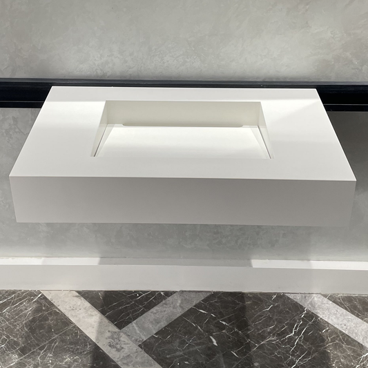 Handcrafted White Quartz Bathroom Vanity Sink With A Removable Ramp Cover Plate: Wall Mount or Vanity Top (QU-049)
