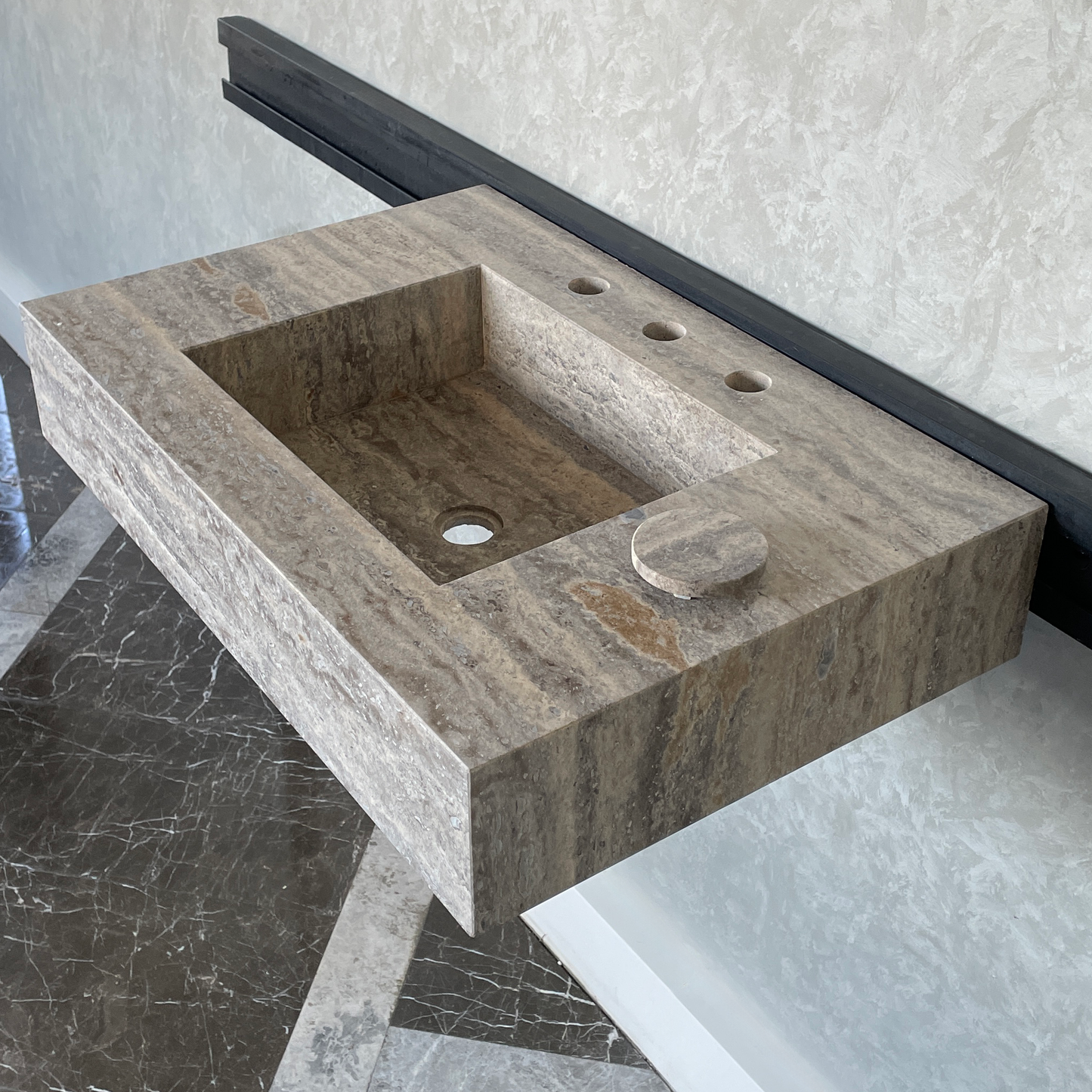 Handmade Vein Cut Silver Travertine Sink: Custom Bathroom Vanity (TR-042)