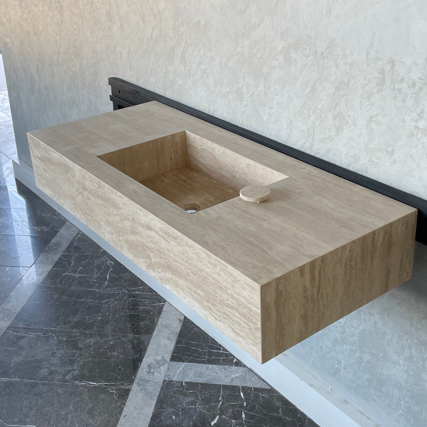 Handmade Vein Cut Travertine Sink: Custom Beige Bathroom Vanity (TR-94)
