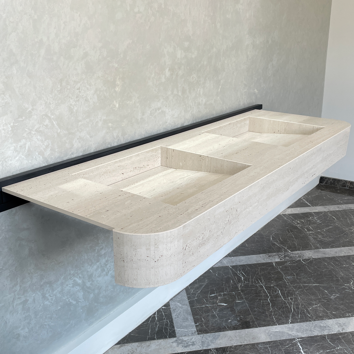 Handcrafted Travertine Look Porcelain Double Sink: Custom Vanity Top (ES-100)