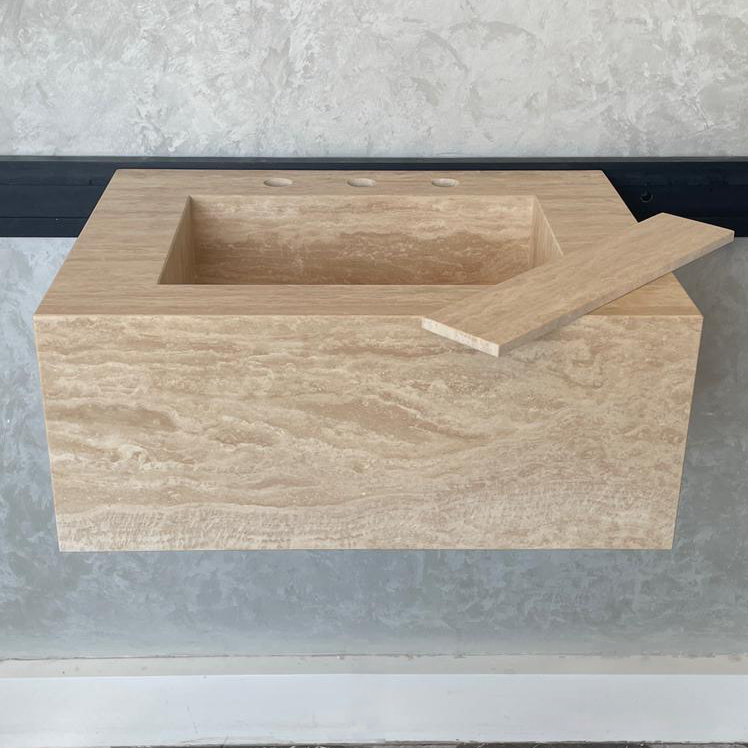 Handmade Vein Cut Travertine Sink: Custom Beige Bathroom Vanity (TR-046)