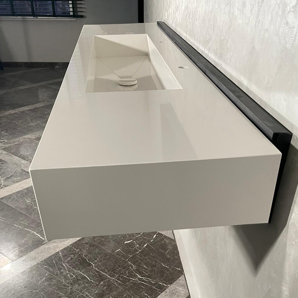Custom White Quartz Large Bathroom Trough Sink: Wall Mount Vanity (QU-95)