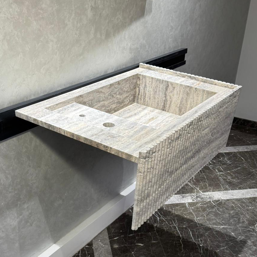 Handmade Silver Vein Cut Travertine Sink | Natural Stone Bathroom Basin | Luxury Custom (TR-077)