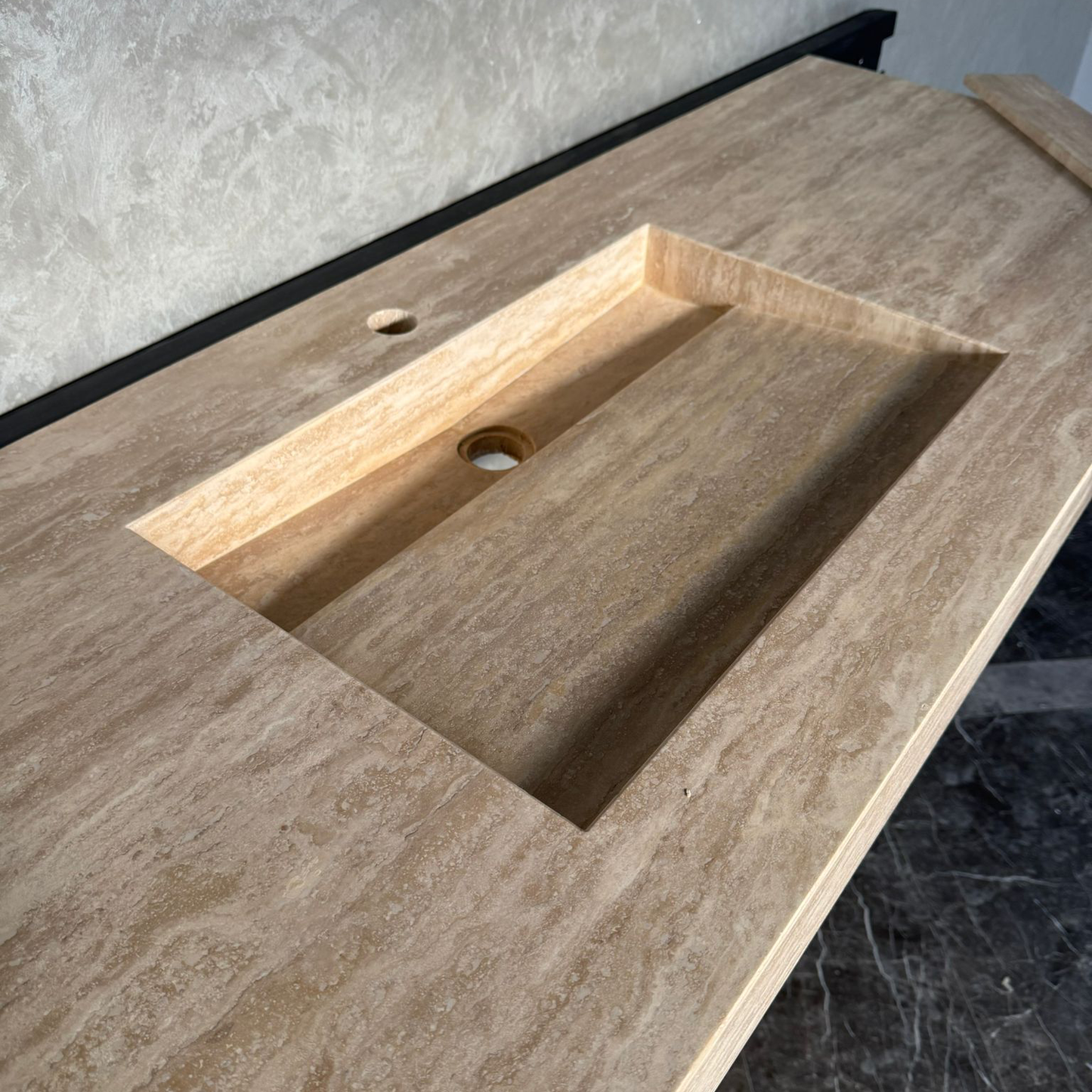 Vein Cut Travertine Ramp Sink | Handmade Natural Stone Bathroom Sink | Custom Modern Stone Basin (TR-85)