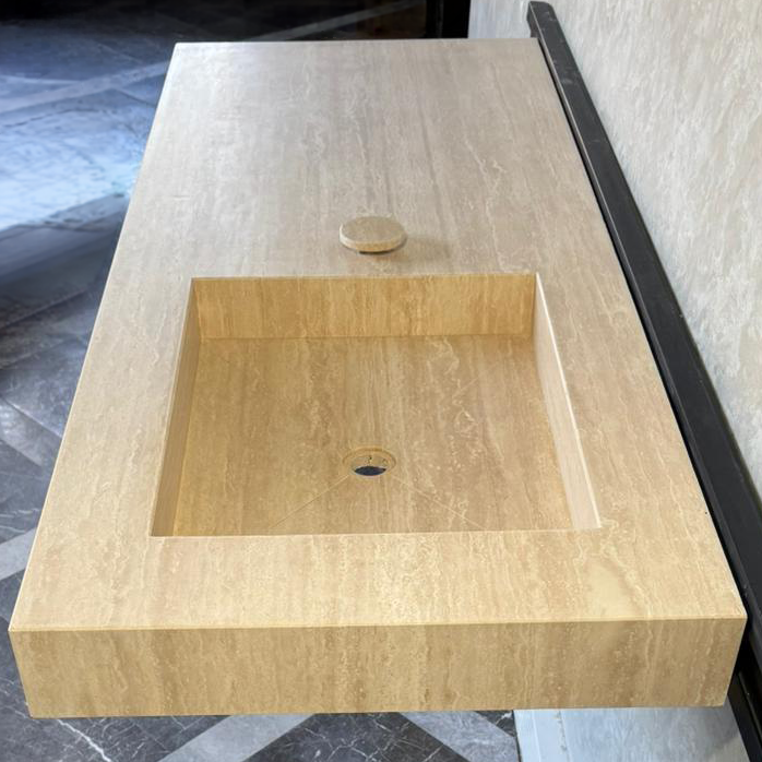 Handmade Vein Cut Travertine Sink: Custom Beige Bathroom Vanity (TR-087)