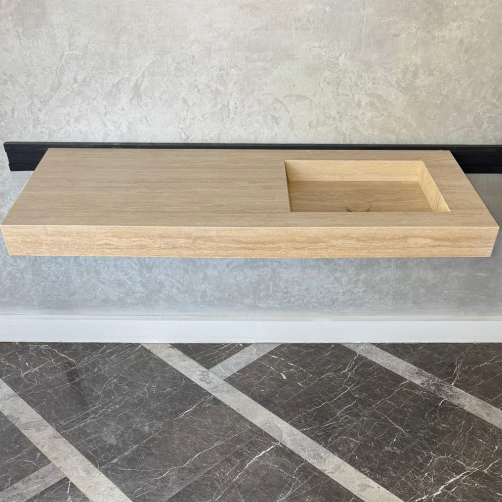 Handmade Vein Cut Travertine Sink: Custom Beige Bathroom Vanity (TR-087)