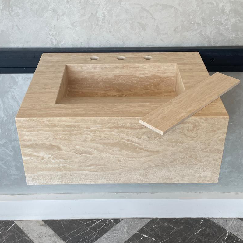 Handmade Vein Cut Travertine Sink: Custom Beige Bathroom Vanity (TR-046)