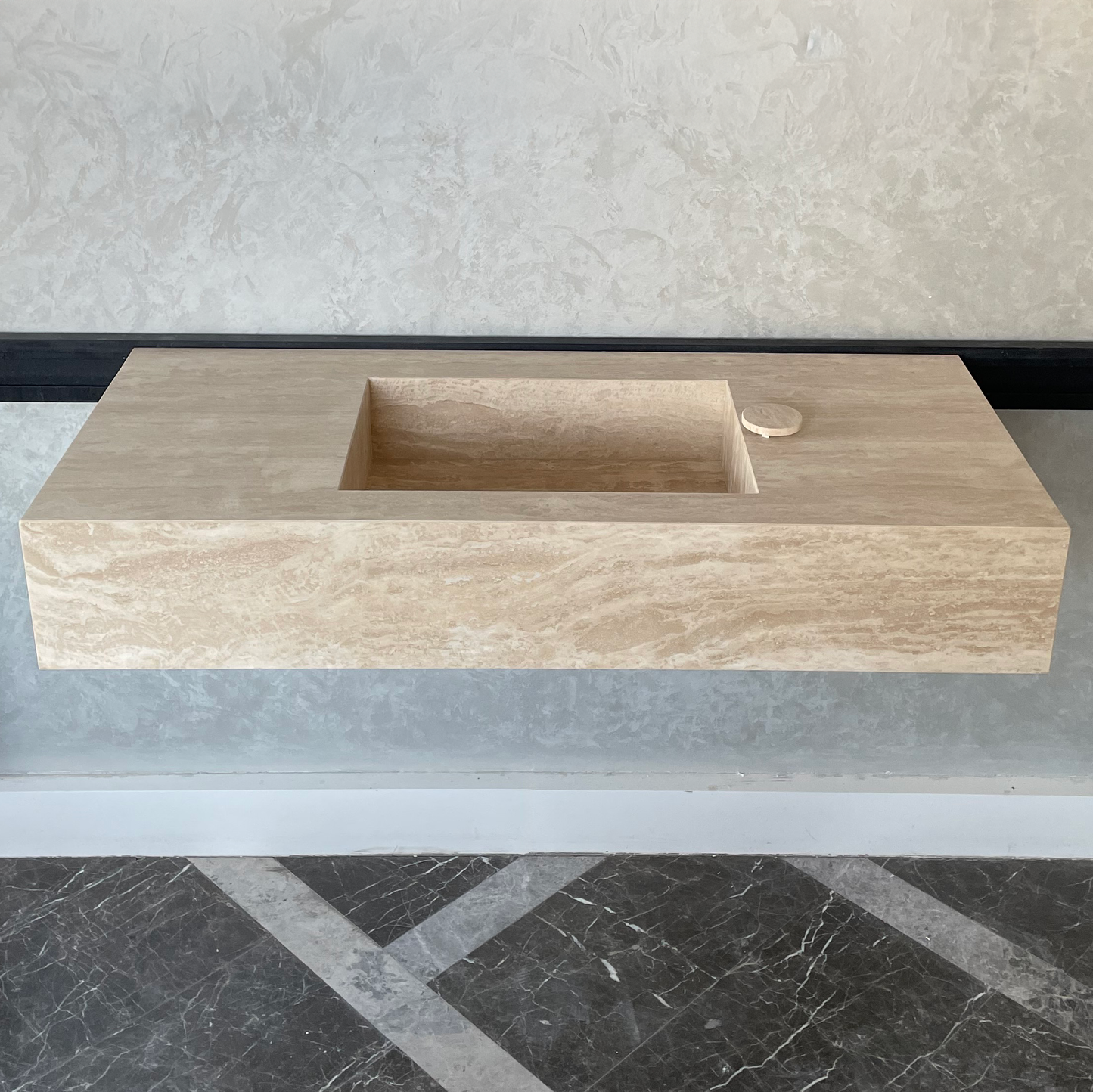 Handmade Vein Cut Travertine Sink: Custom Beige Bathroom Vanity (TR-94)
