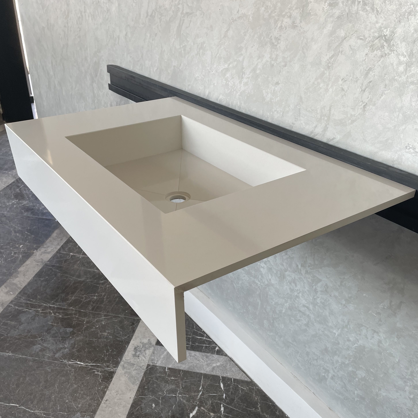 Handcrafted White Quartz Bathroom Vanity Sink With A Removable Ramp Cover Plate: Wall Mount or Vanity Top (QU-049)