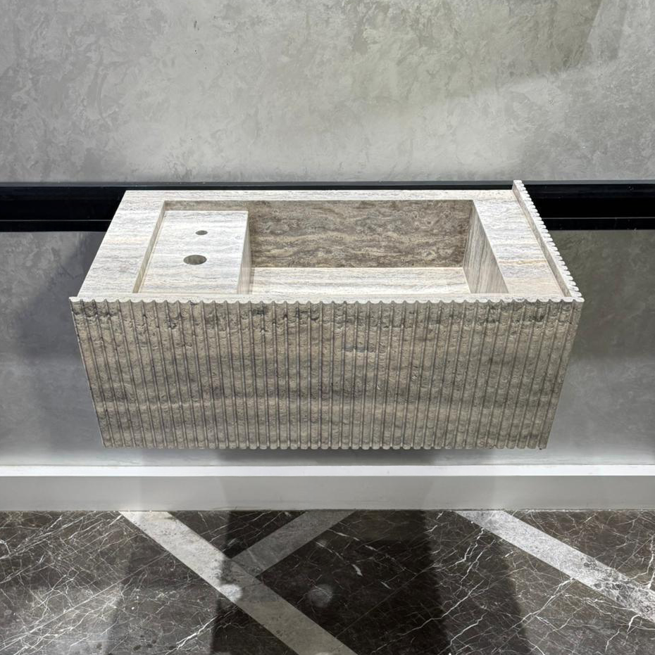 Handmade Silver Vein Cut Travertine Sink | Natural Stone Bathroom Basin | Luxury Custom (TR-077)