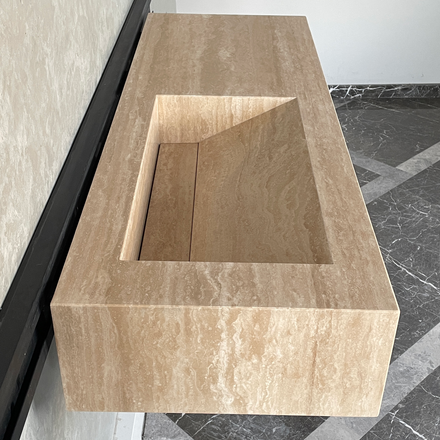 Handmade Vein Cut Travertine Sink: Custom Beige Bathroom Vanity (TR-082)