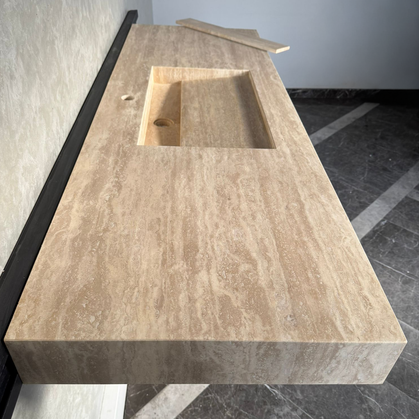 Vein Cut Travertine Ramp Sink | Handmade Natural Stone Bathroom Sink | Custom Modern Stone Basin (TR-85)