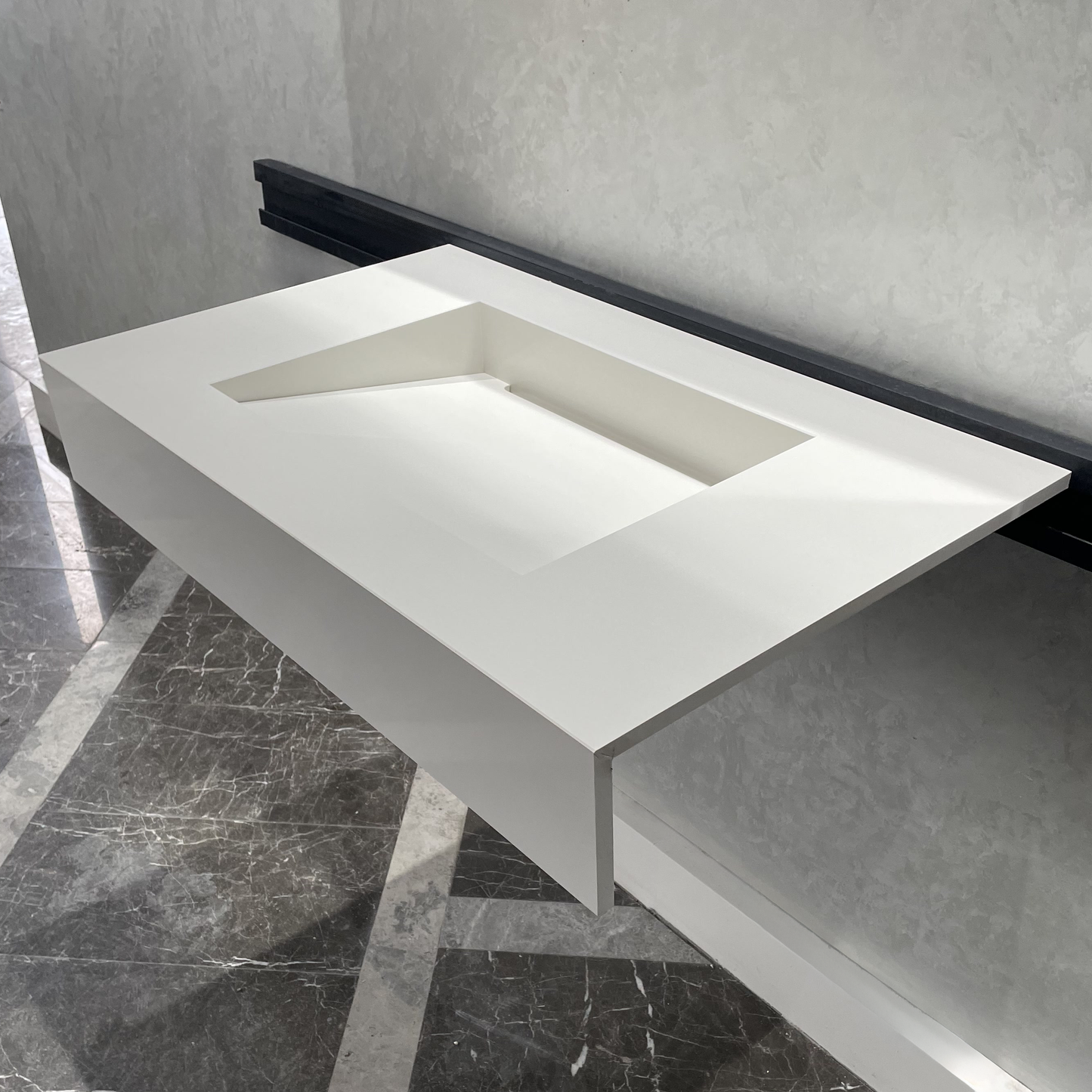 Handcrafted White Quartz Bathroom Vanity Sink With A Removable Ramp Cover Plate: Wall Mount or Vanity Top (QU-049)