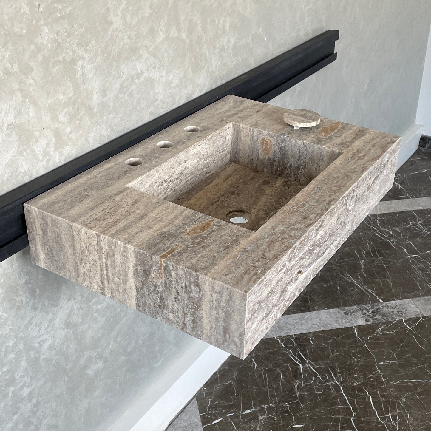 Handmade Vein Cut Silver Travertine Sink: Custom Bathroom Vanity (TR-042)