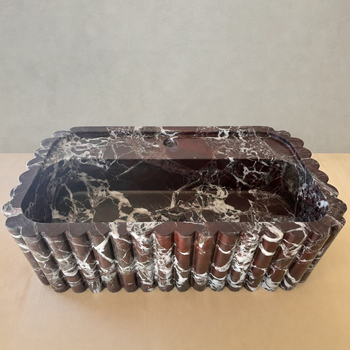 Hand Carved Custom Fluted Rosso Levanto Marble Sink (NS-030)