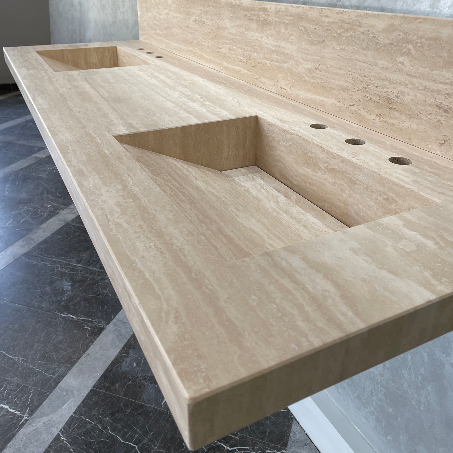 Handcrafted Vein Cut Travertine Sink: Custom Beige Bathroom Vanity (TR-117)