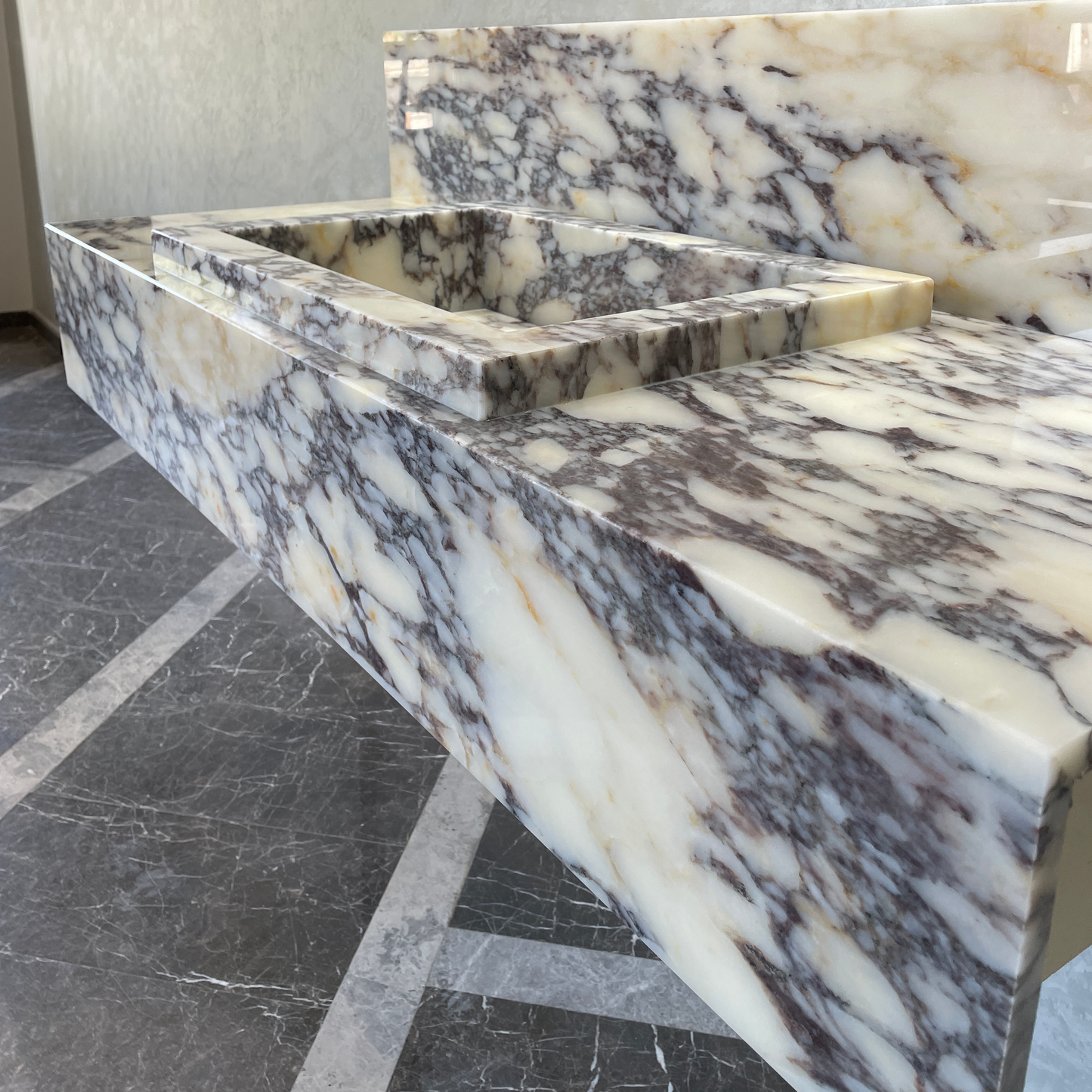 Handcrafted Calacatta Viola Marble Sink With Backsplash: Custom Bathroom Vanity (NS-129)