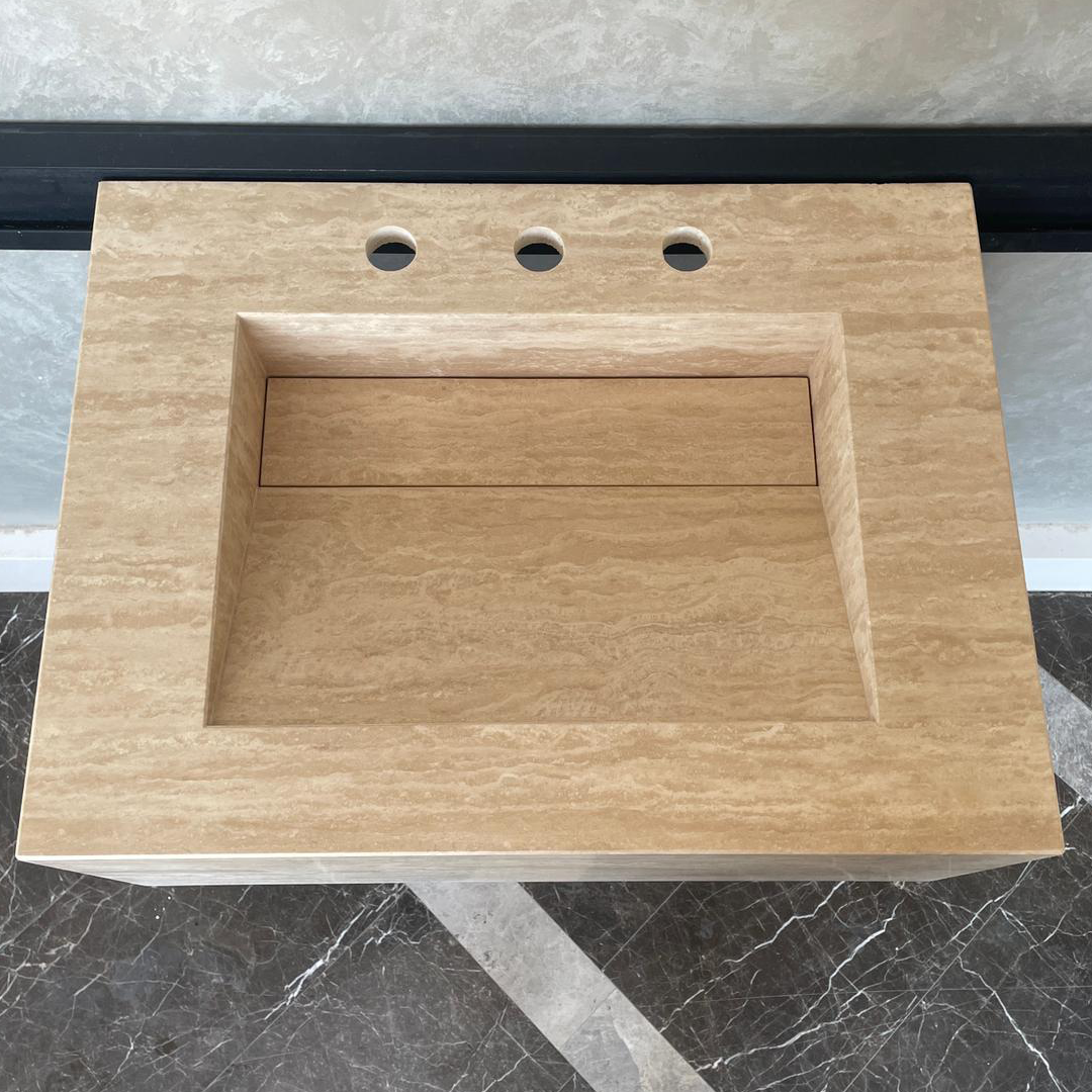 Handmade Vein Cut Travertine Sink: Custom Beige Bathroom Vanity (TR-046)