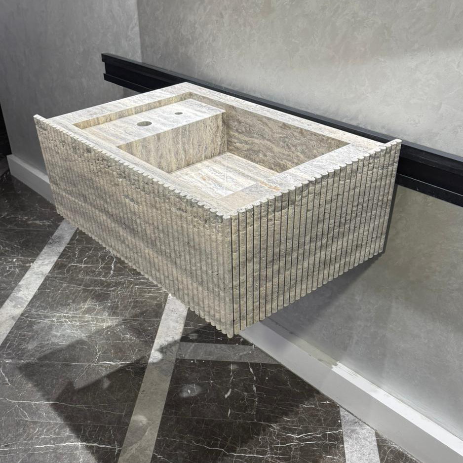 Handmade Silver Vein Cut Travertine Sink | Natural Stone Bathroom Basin | Luxury Custom (TR-077)
