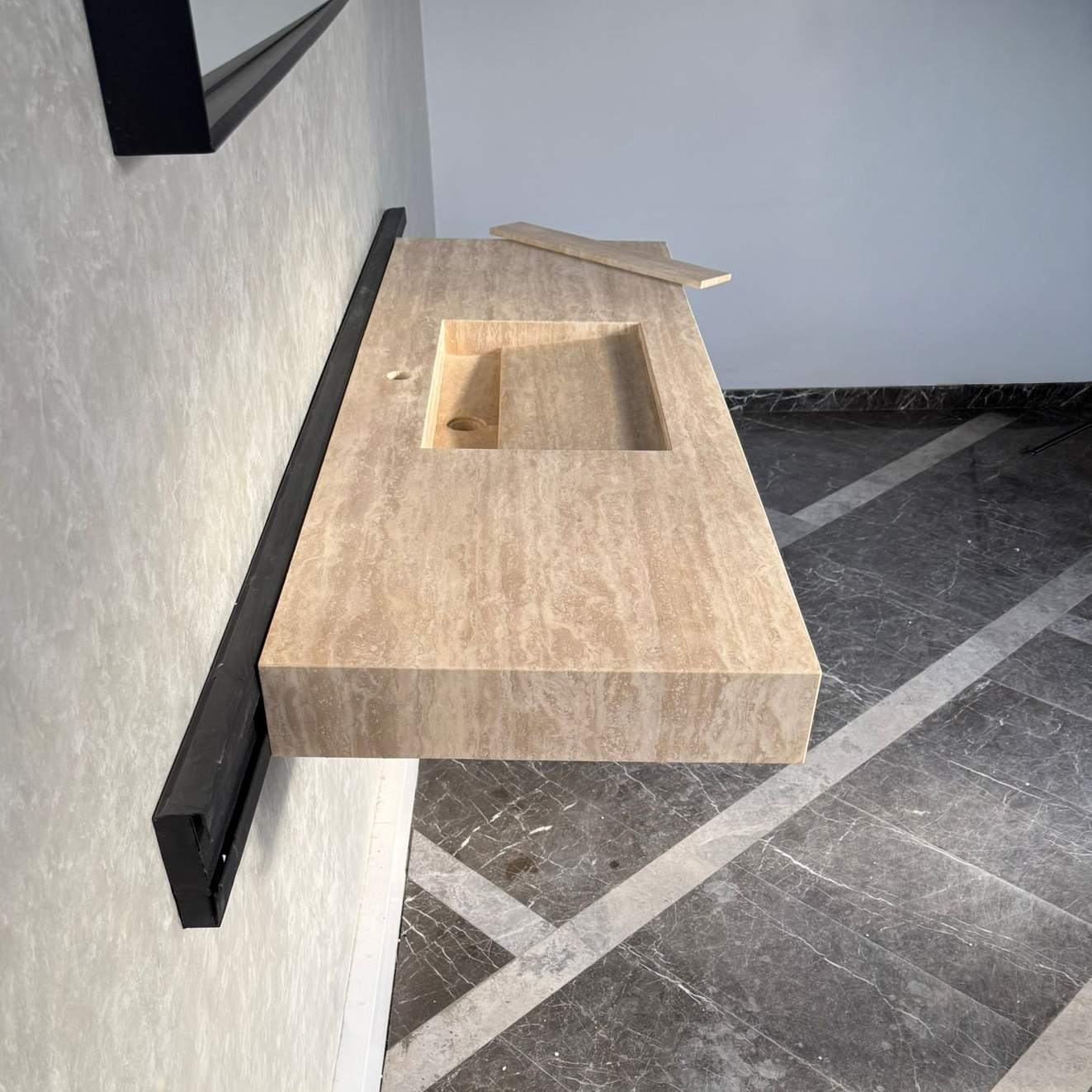 Vein Cut Travertine Ramp Sink | Handmade Natural Stone Bathroom Sink | Custom Modern Stone Basin (TR-85)