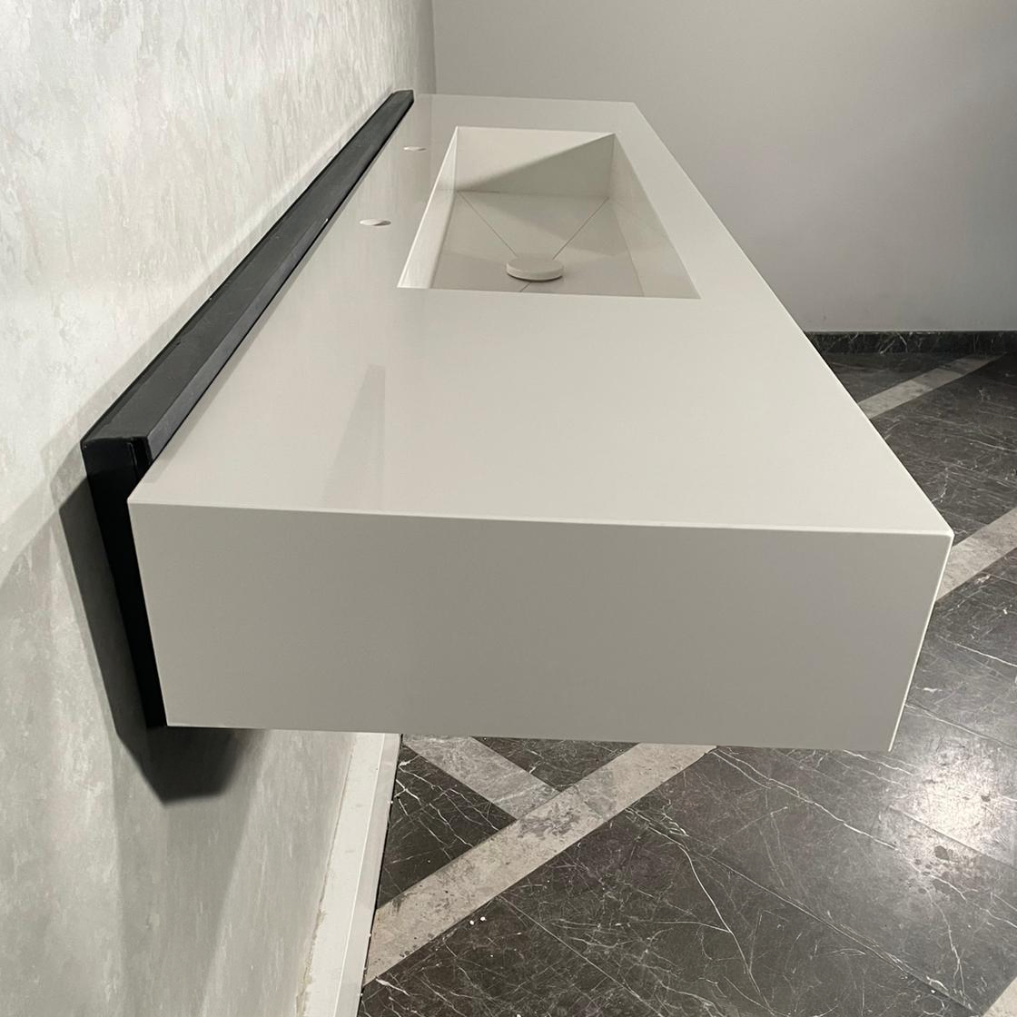 Custom White Quartz Large Bathroom Trough Sink: Wall Mount Vanity (QU-95)