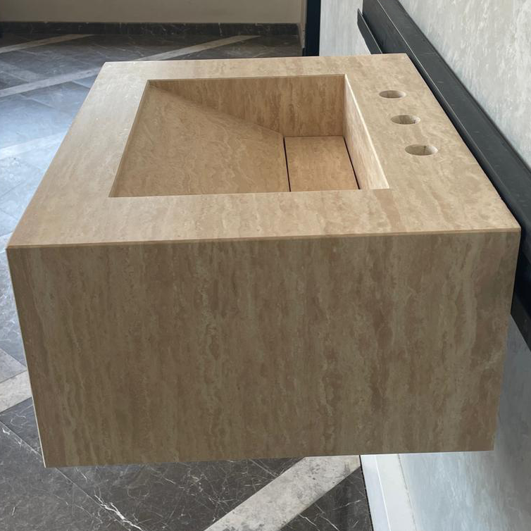 Handmade Vein Cut Travertine Sink: Custom Beige Bathroom Vanity (TR-046)
