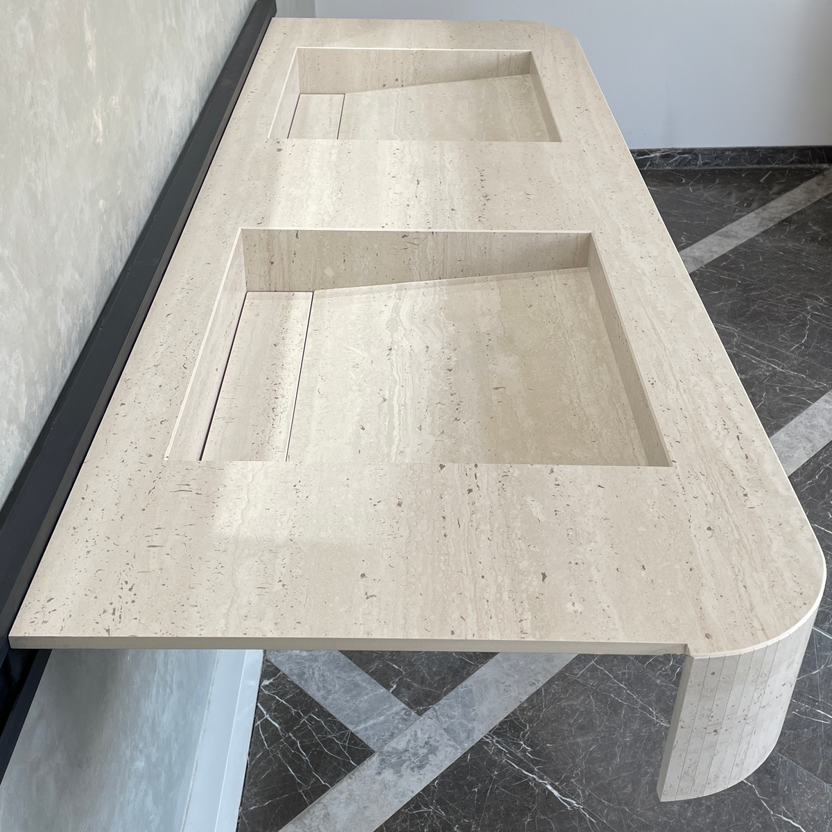 Handcrafted Travertine Look Porcelain Double Sink: Custom Vanity Top (ES-100)