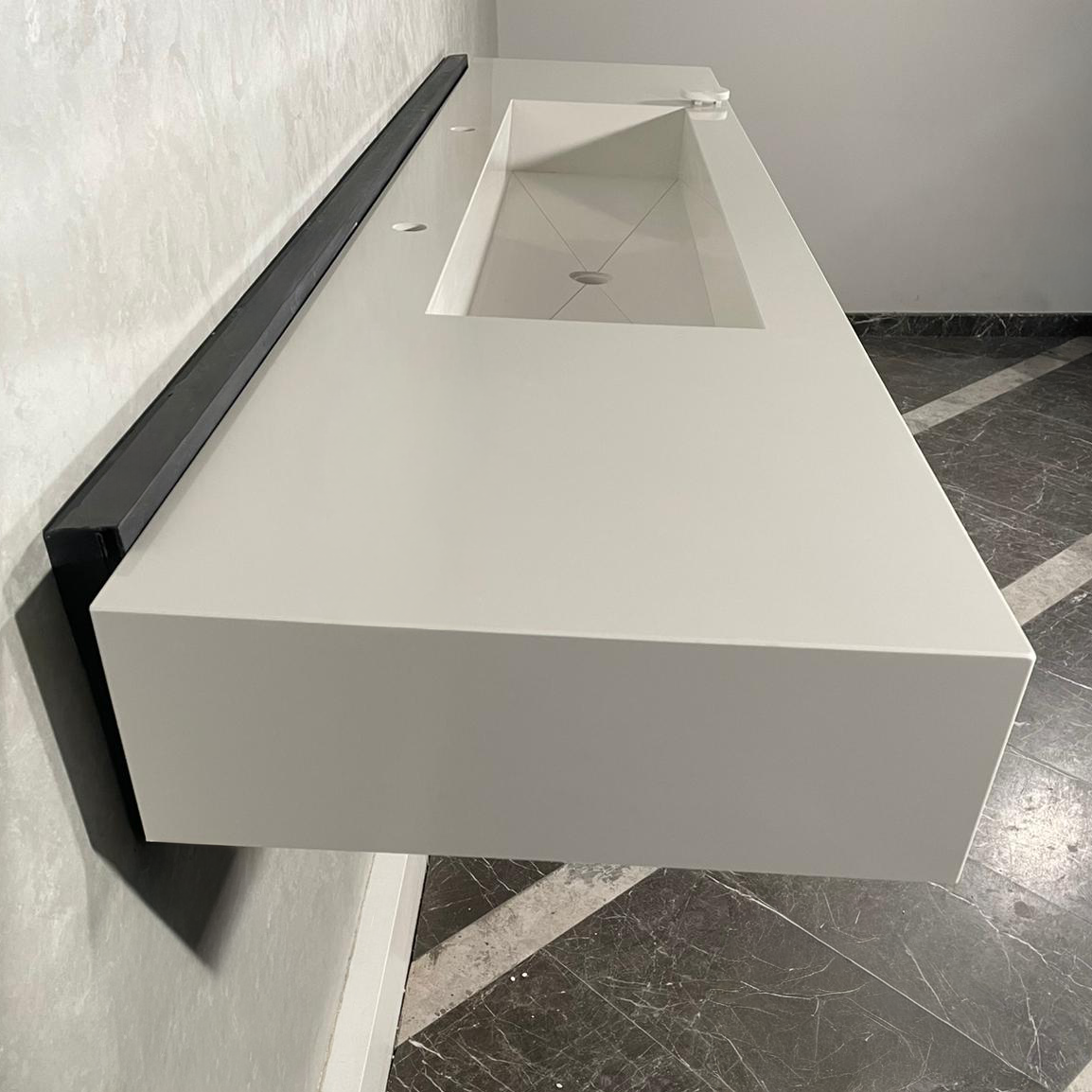 Custom White Quartz Large Bathroom Trough Sink: Wall Mount Vanity (QU-95)