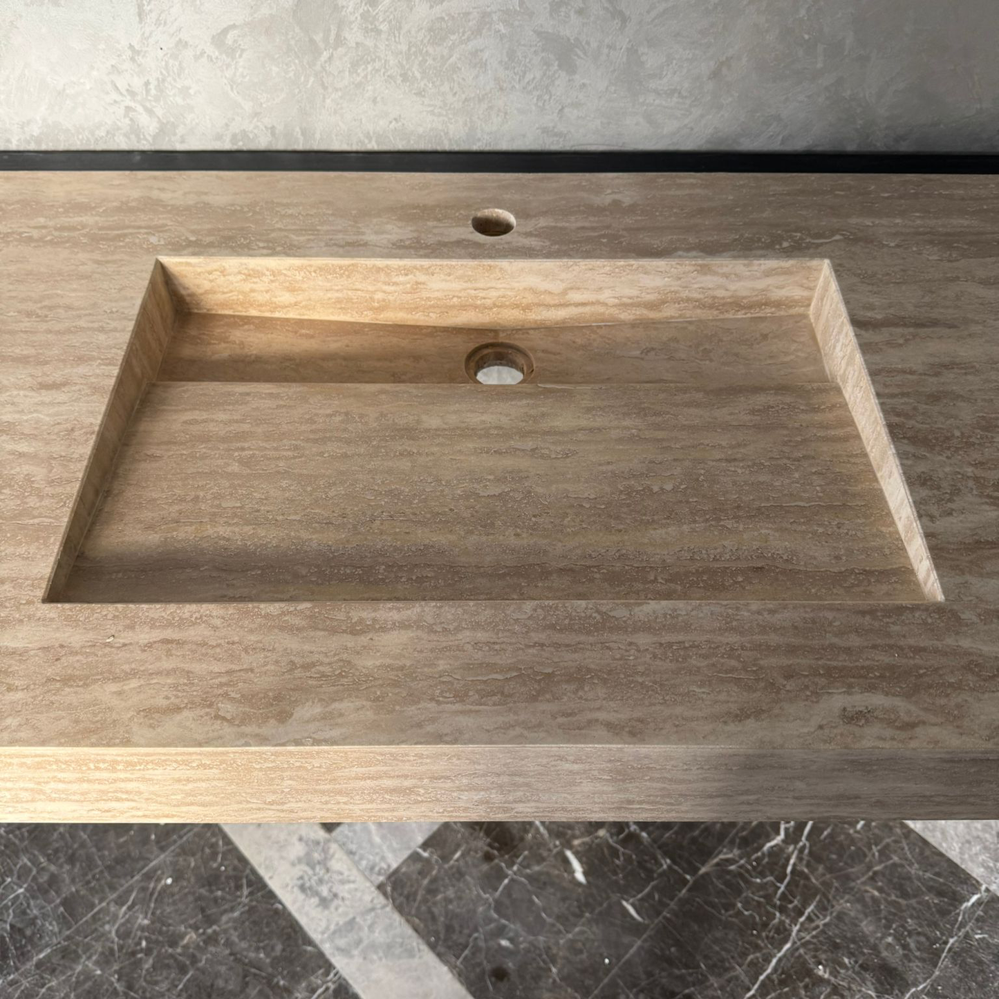 Vein Cut Travertine Ramp Sink | Handmade Natural Stone Bathroom Sink | Custom Modern Stone Basin (TR-85)