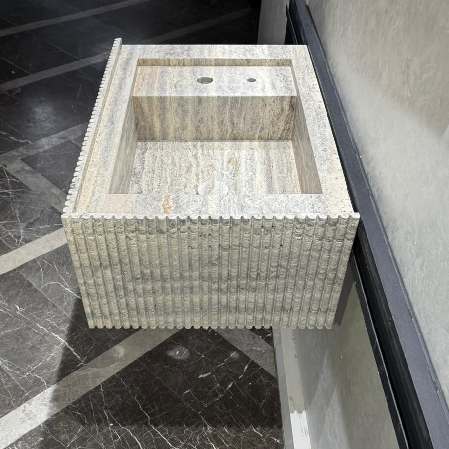 Handmade Silver Vein Cut Travertine Sink | Natural Stone Bathroom Basin | Luxury Custom (TR-077)