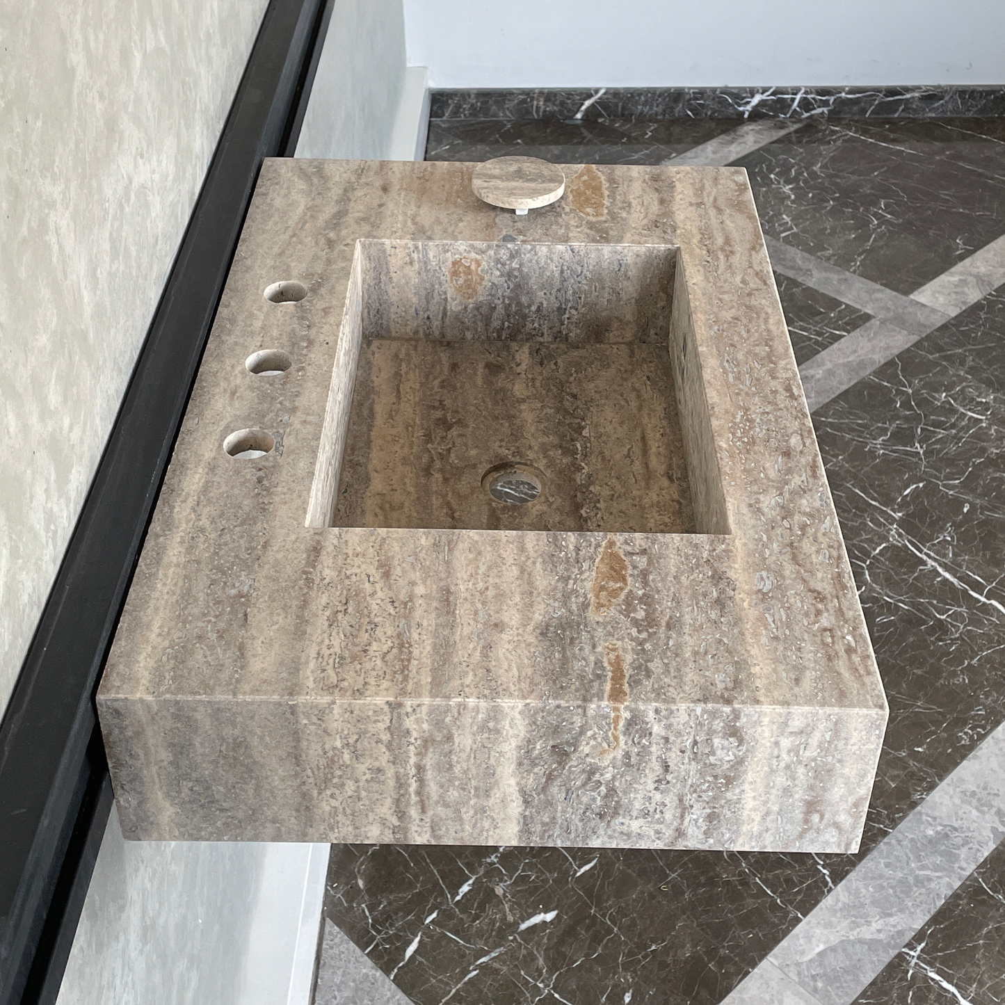 Handmade Vein Cut Silver Travertine Sink: Custom Bathroom Vanity (TR-042)