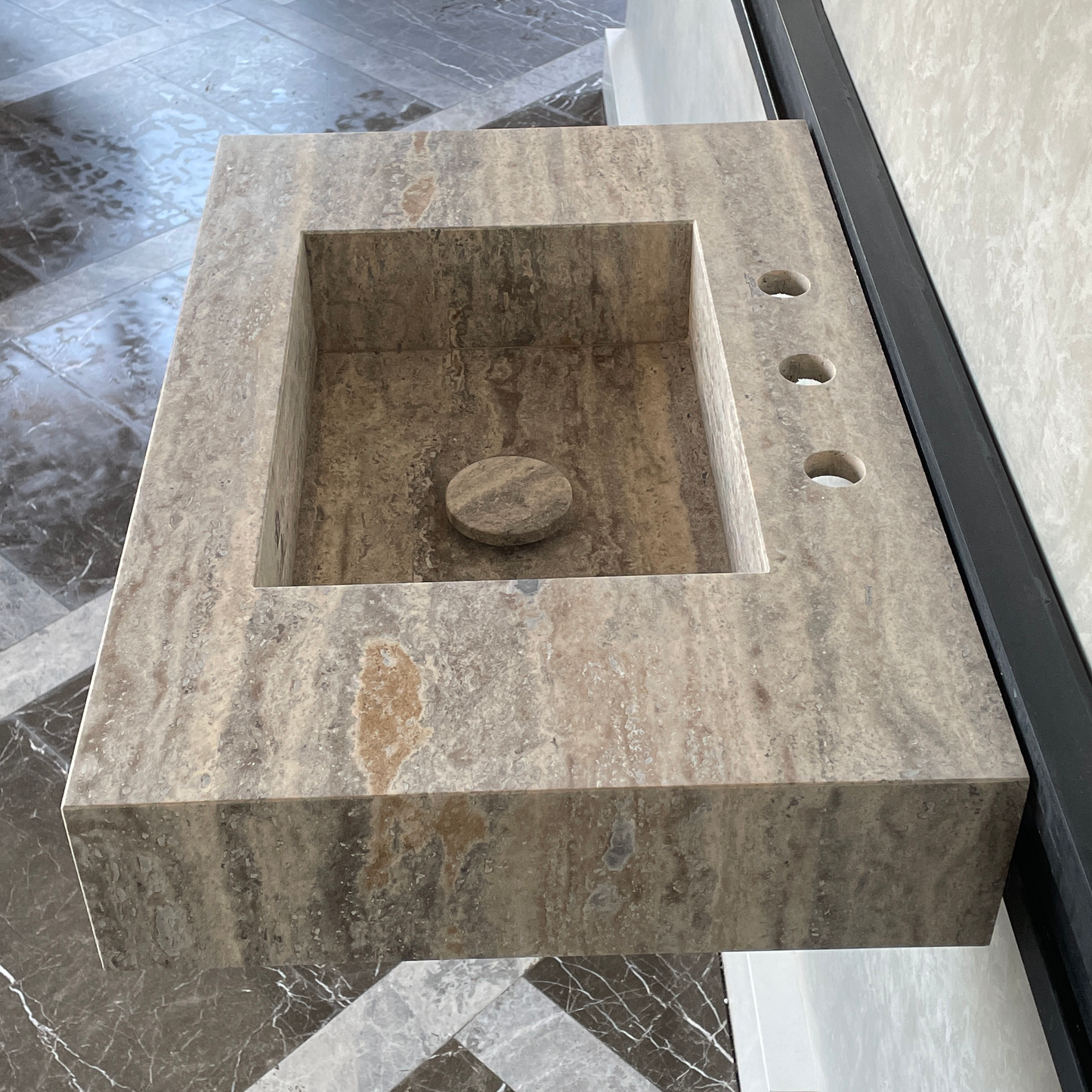 Handmade Vein Cut Silver Travertine Sink: Custom Bathroom Vanity (TR-042)