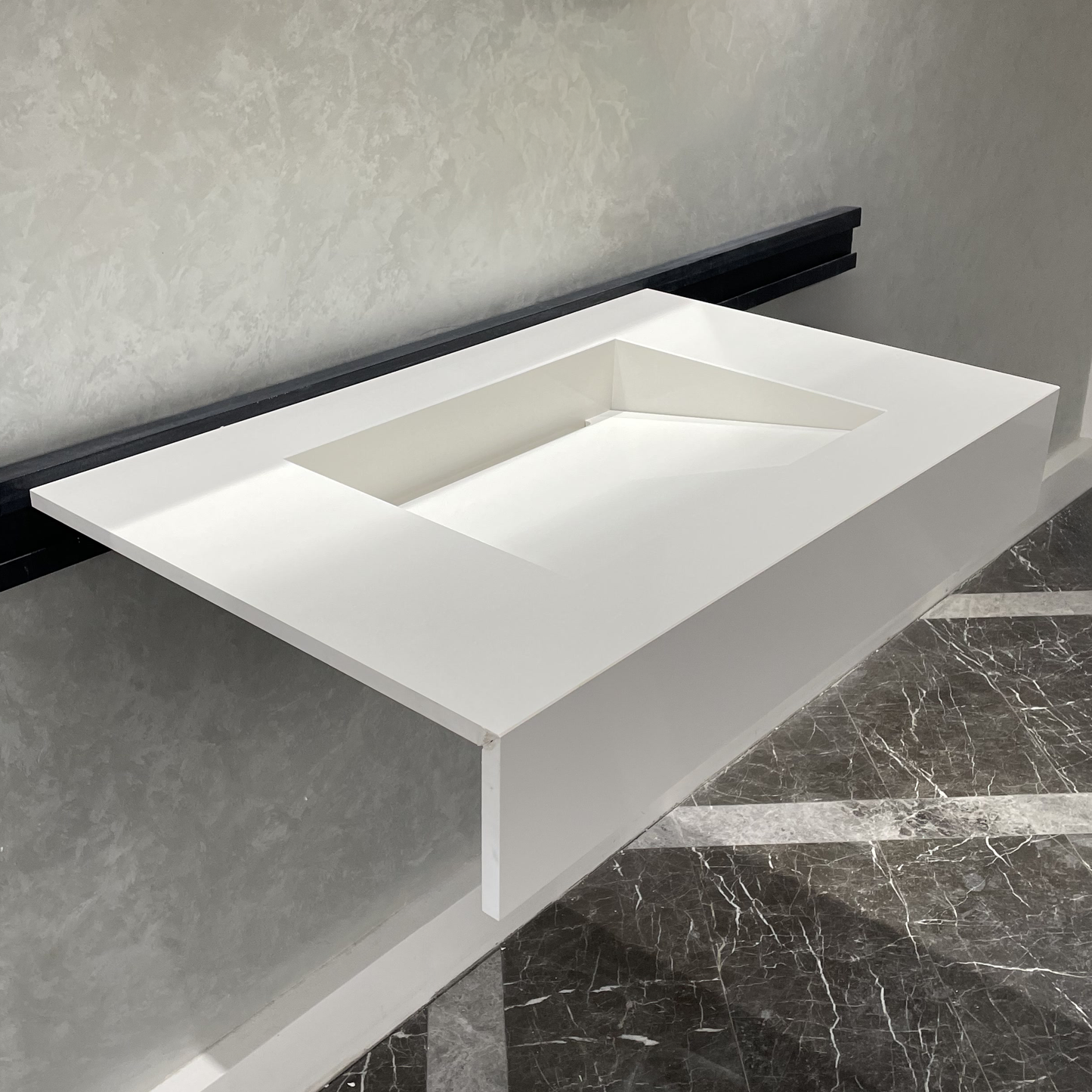 Handcrafted White Quartz Bathroom Vanity Sink With A Removable Ramp Cover Plate: Wall Mount or Vanity Top (QU-049)