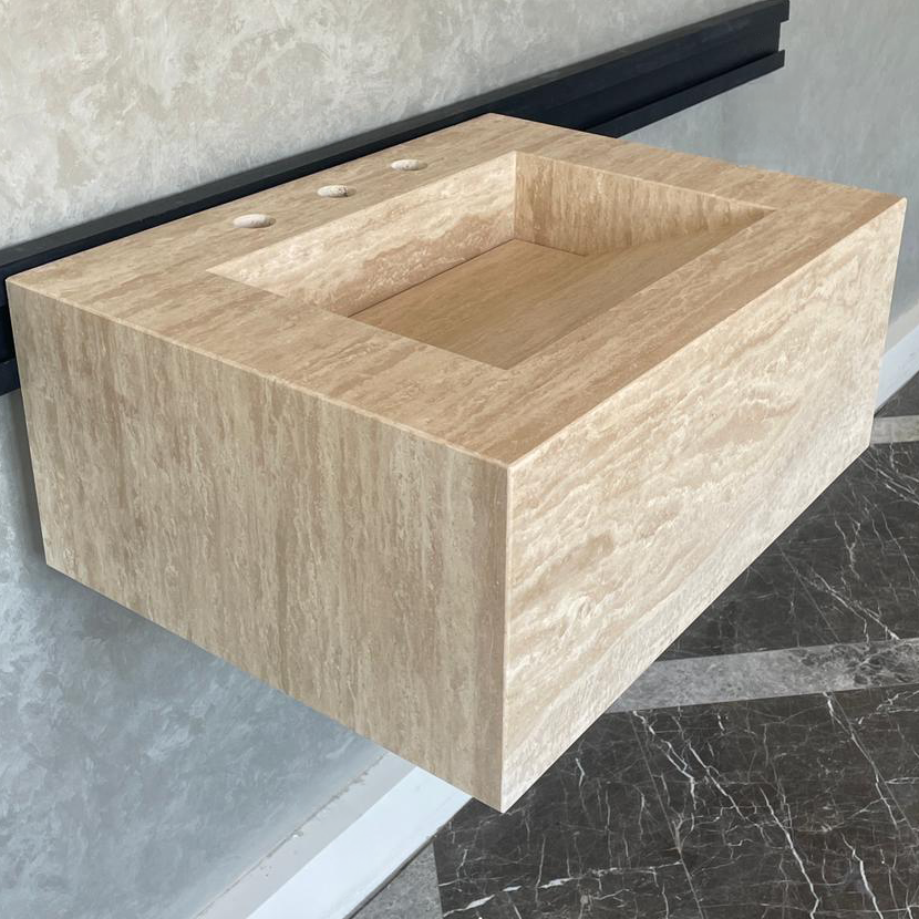 Handmade Vein Cut Travertine Sink: Custom Beige Bathroom Vanity (TR-046)