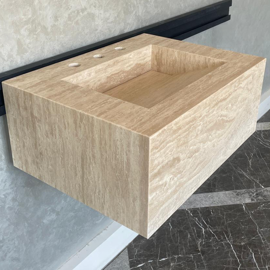 Handmade Vein Cut Travertine Sink: Custom Beige Bathroom Vanity (TR-046)