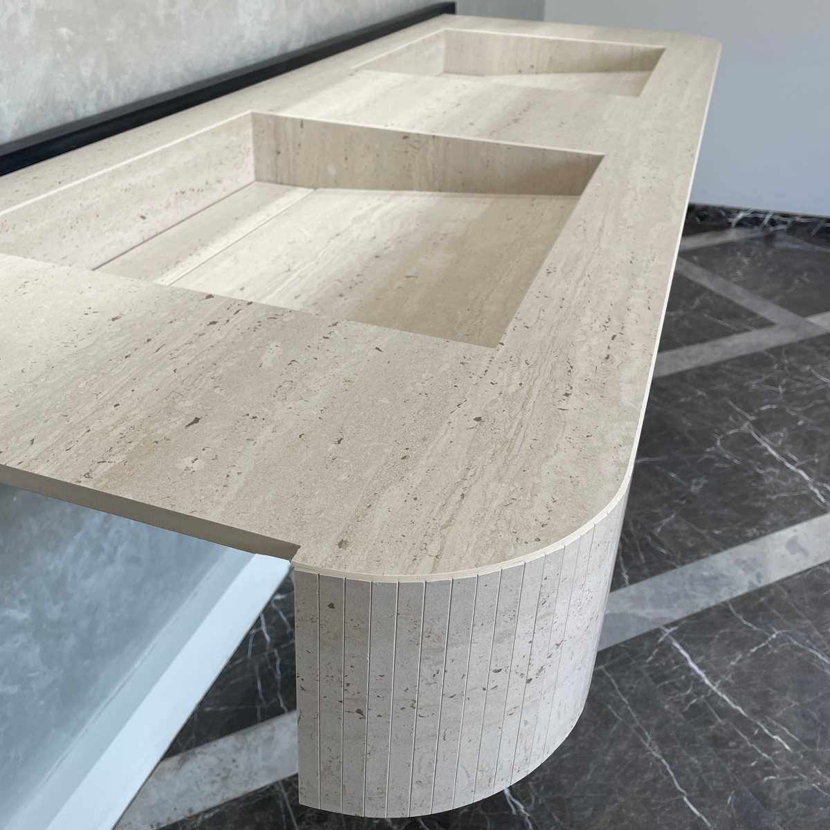 Handcrafted Travertine Look Porcelain Double Sink: Custom Vanity Top (ES-100)