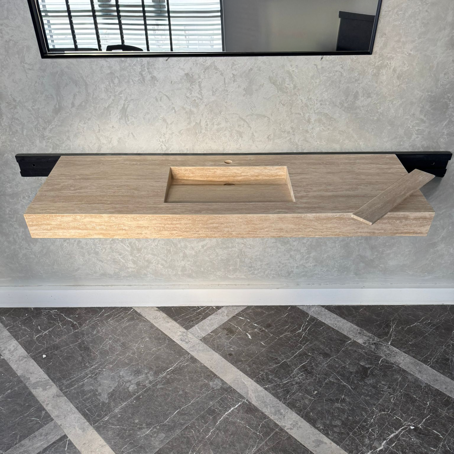 Vein Cut Travertine Ramp Sink | Handmade Natural Stone Bathroom Sink | Custom Modern Stone Basin (TR-85)