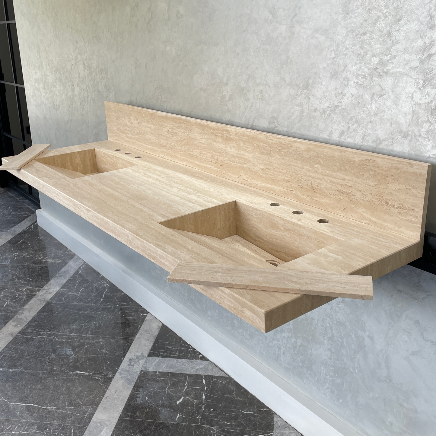 Handcrafted Vein Cut Travertine Sink: Custom Beige Bathroom Vanity (TR-117)