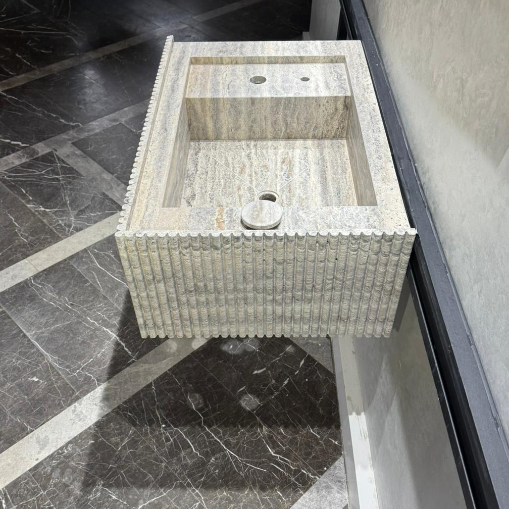 Handmade Silver Vein Cut Travertine Sink | Natural Stone Bathroom Basin | Luxury Custom (TR-077)