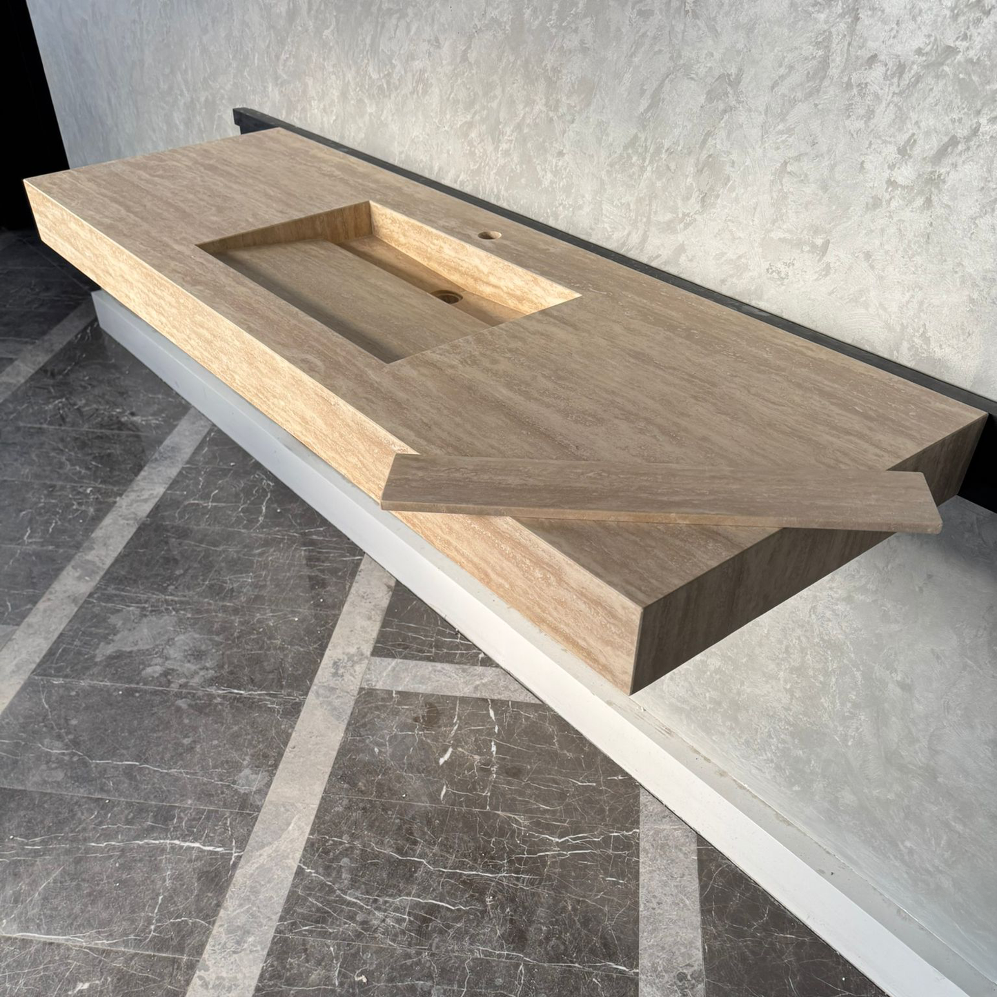 Vein Cut Travertine Ramp Sink | Handmade Natural Stone Bathroom Sink | Custom Modern Stone Basin (TR-85)