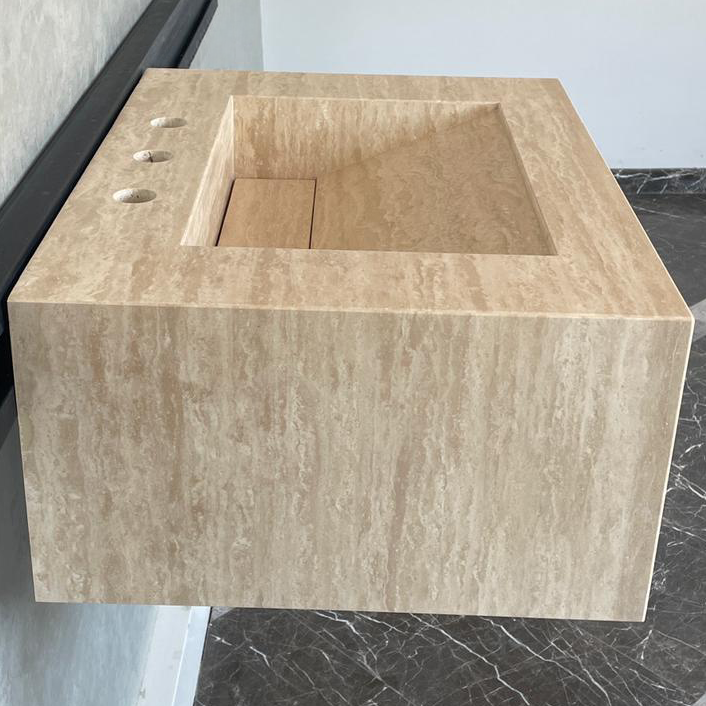 Handmade Vein Cut Travertine Sink: Custom Beige Bathroom Vanity (TR-046)