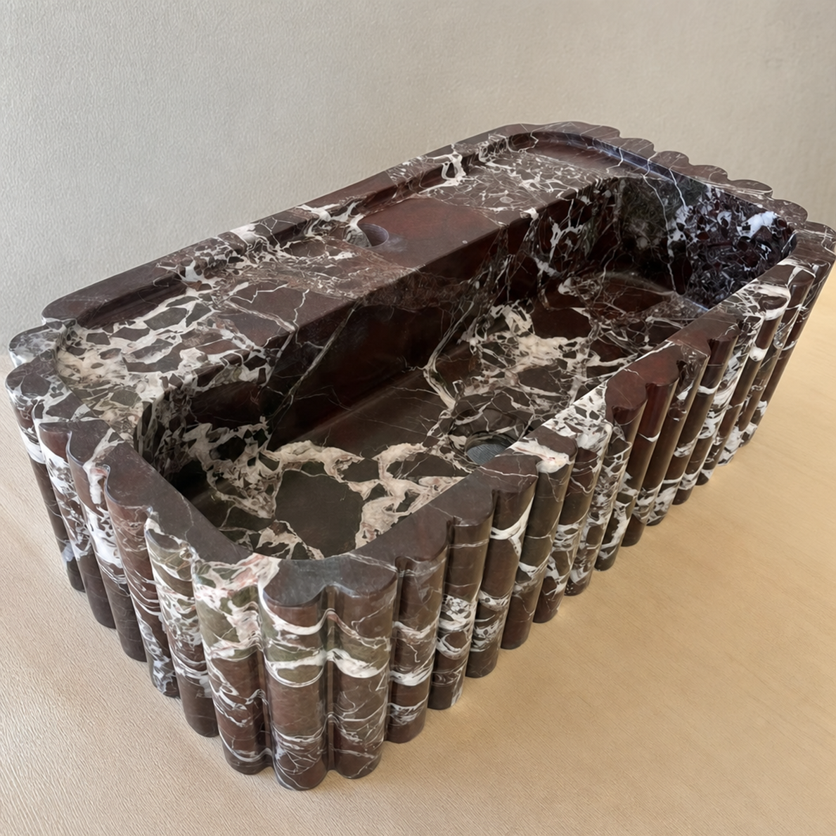 Hand Carved Custom Fluted Rosso Levanto Marble Sink (NS-030)