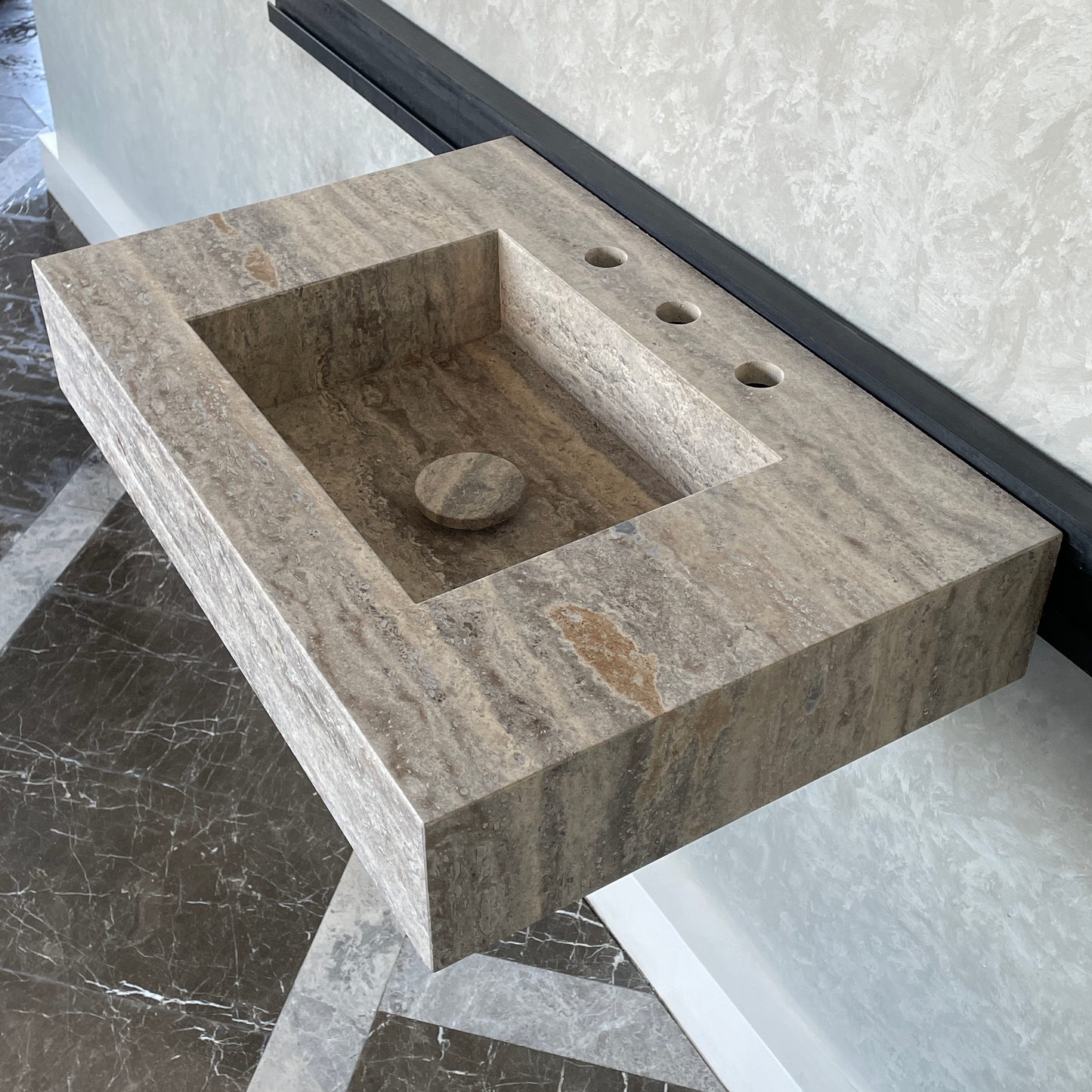 Handmade Vein Cut Silver Travertine Sink: Custom Bathroom Vanity (TR-042)
